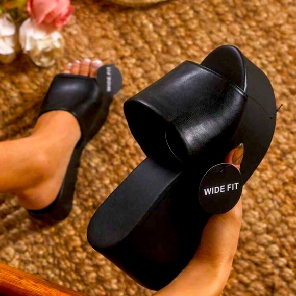 Black Platform Slide Wedge — Wide Fit - Picture 2 of 7
